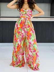 Summer Elegant Women Floral Printed Jumpsuit Off Shoulder Backless Sleeveless High Waisted Casual Leg