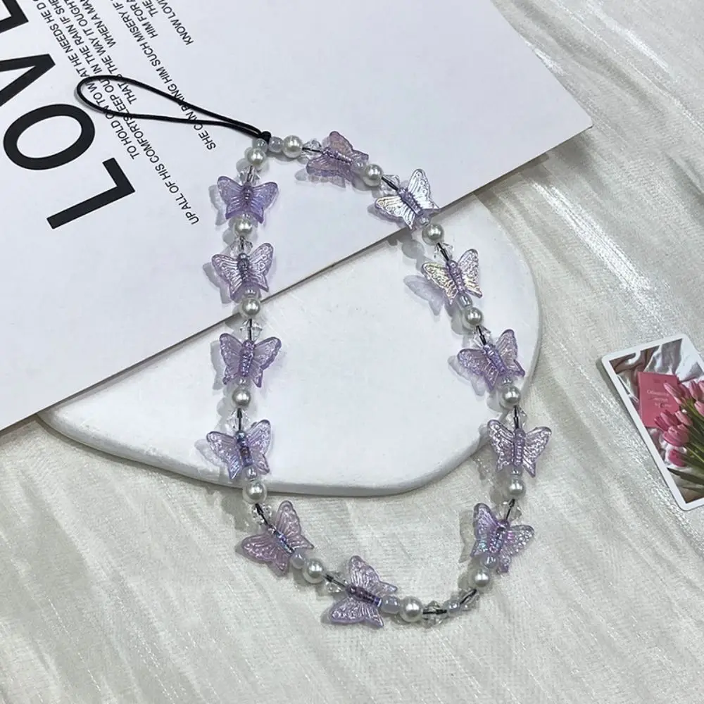 

Butterfly Beaded Butterfly Cellphone Lanyard Anti-lost Crystal Clear Candy Colors Cellphone Keychain Sweet Y2K