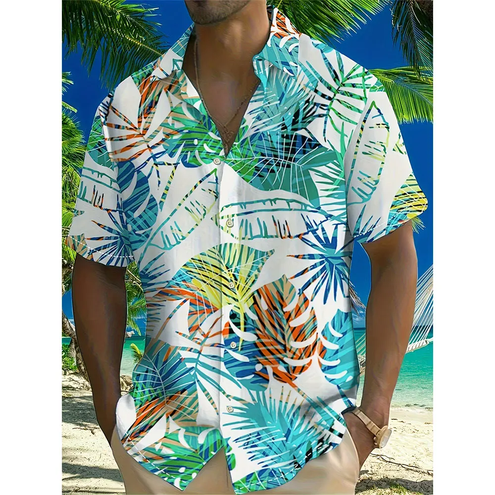 

Men'S Plus-Size Shirt Hawaii Vacation Casual Top Fashion Leaf Digital Print Short-Sleeved Shirt Men'S Summer Loose Shirt