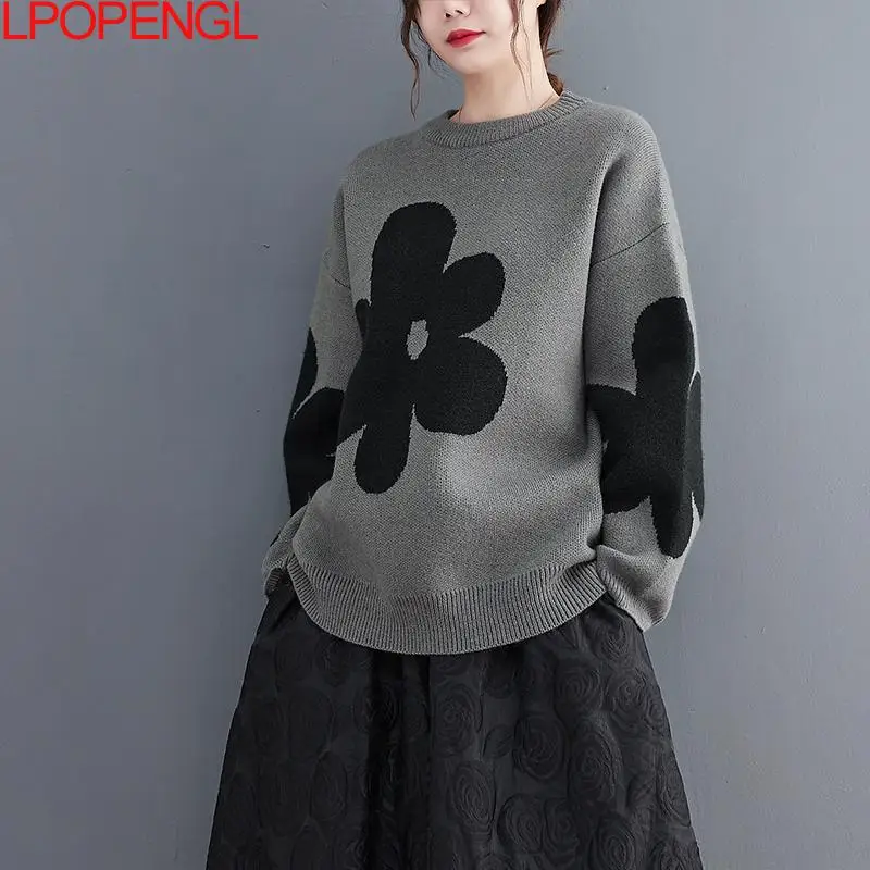 Women\'s Autumn And Winter 2023 New Korean Bottoming Long Sleeves Flowers O-neck Pullover A-straight Vintage Sweater Trend Top