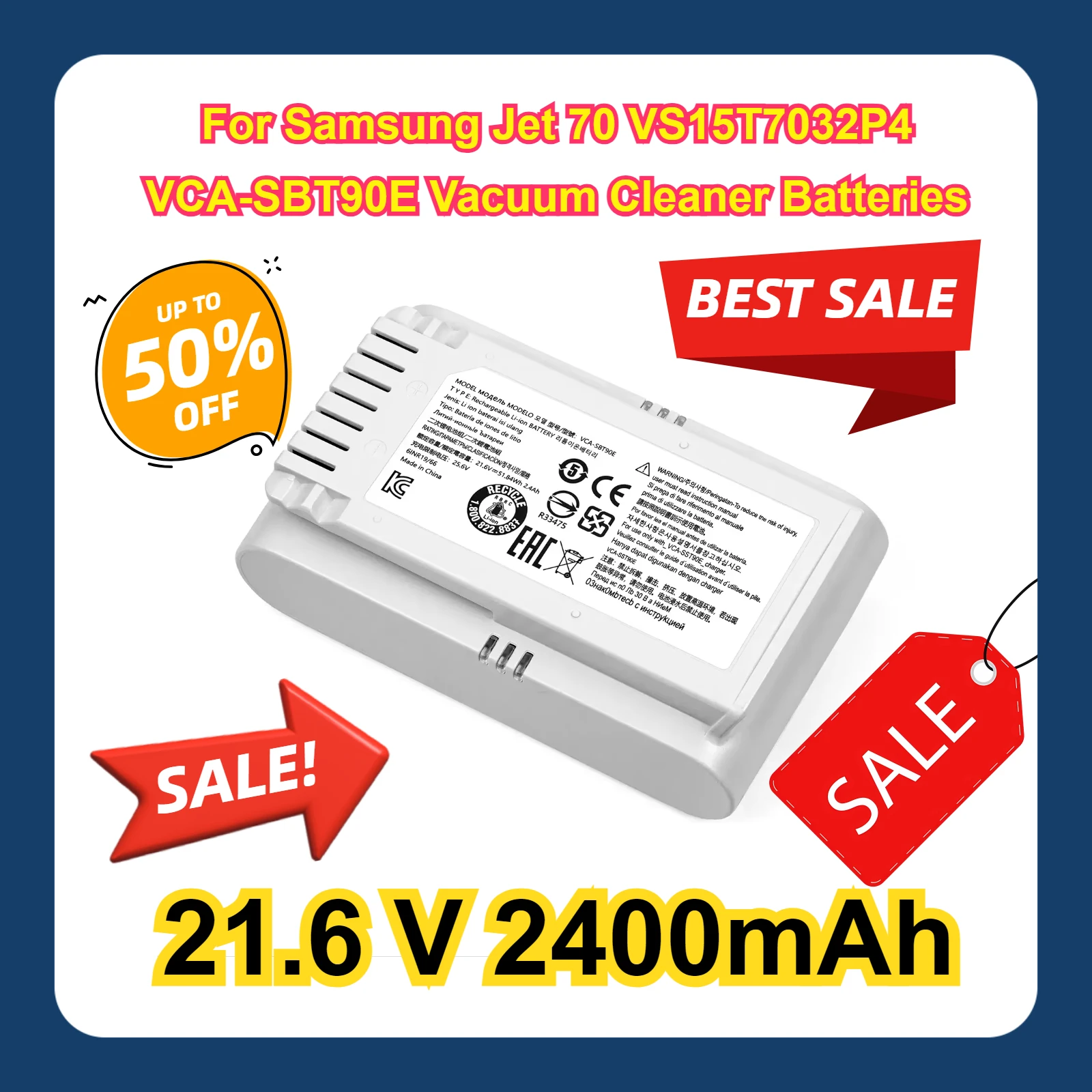 

2400mAh For Samsung Jet 70 VS15T7032P4 VCA-SBT90E Vacuum Cleaner Batteries New Battery 21.6 V