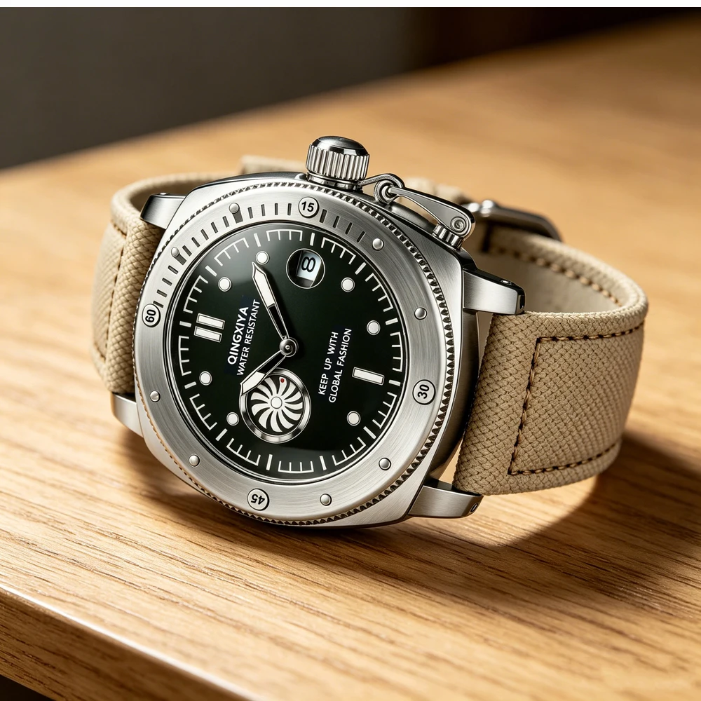 QINGXIYA Brandneue modische Quarzuhr mit zweitem Zifferblatt für Herren, hochwertiges Canvas-Armband, wasserdicht, Kalender, Sportuhren für Herren – Detail 4