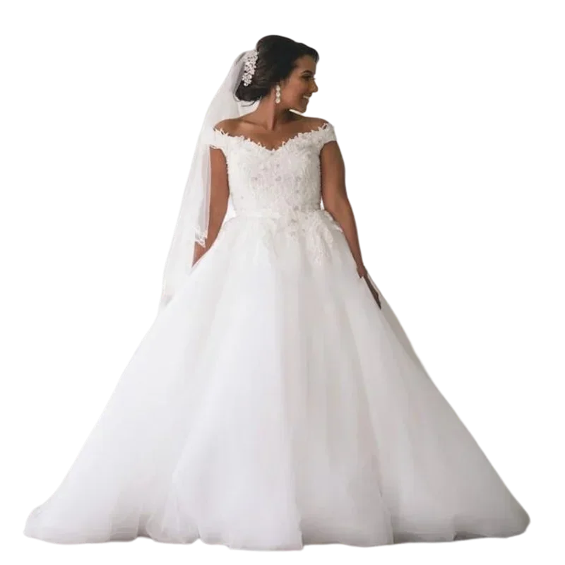 

Классические милые кружевные свадебные платья трапециевидной формы по индивидуальному заказу с скользящим шлейфом и открытыми плечами Robe De Mariée, уличные свадебные платья