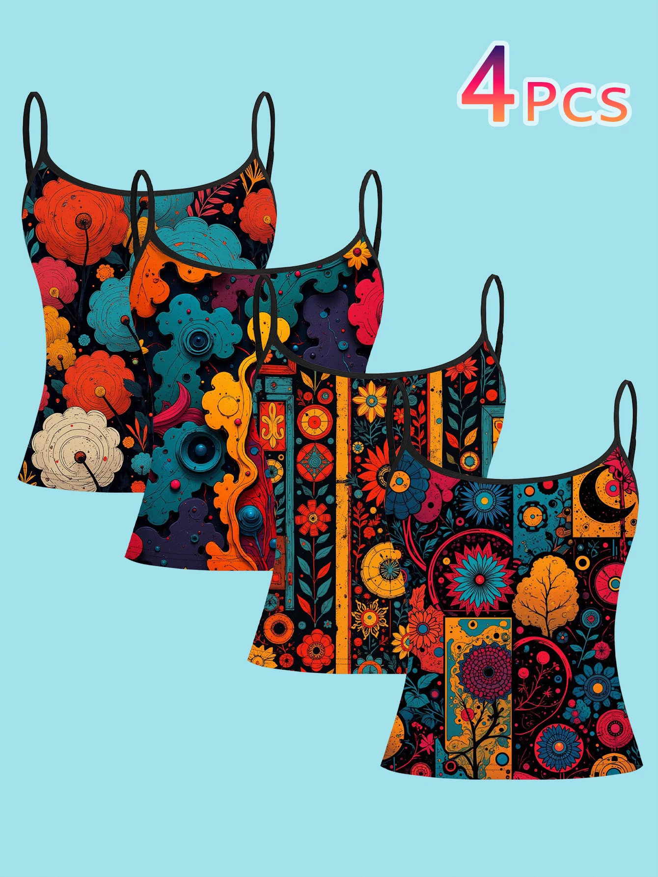 4-Piece Set of Vintage Ethnic Floral Illustration Printed Camisole Tops for Women, Color-Blocking Bohemian Plant Art Slim-Fit Spaghetti Strap Tops