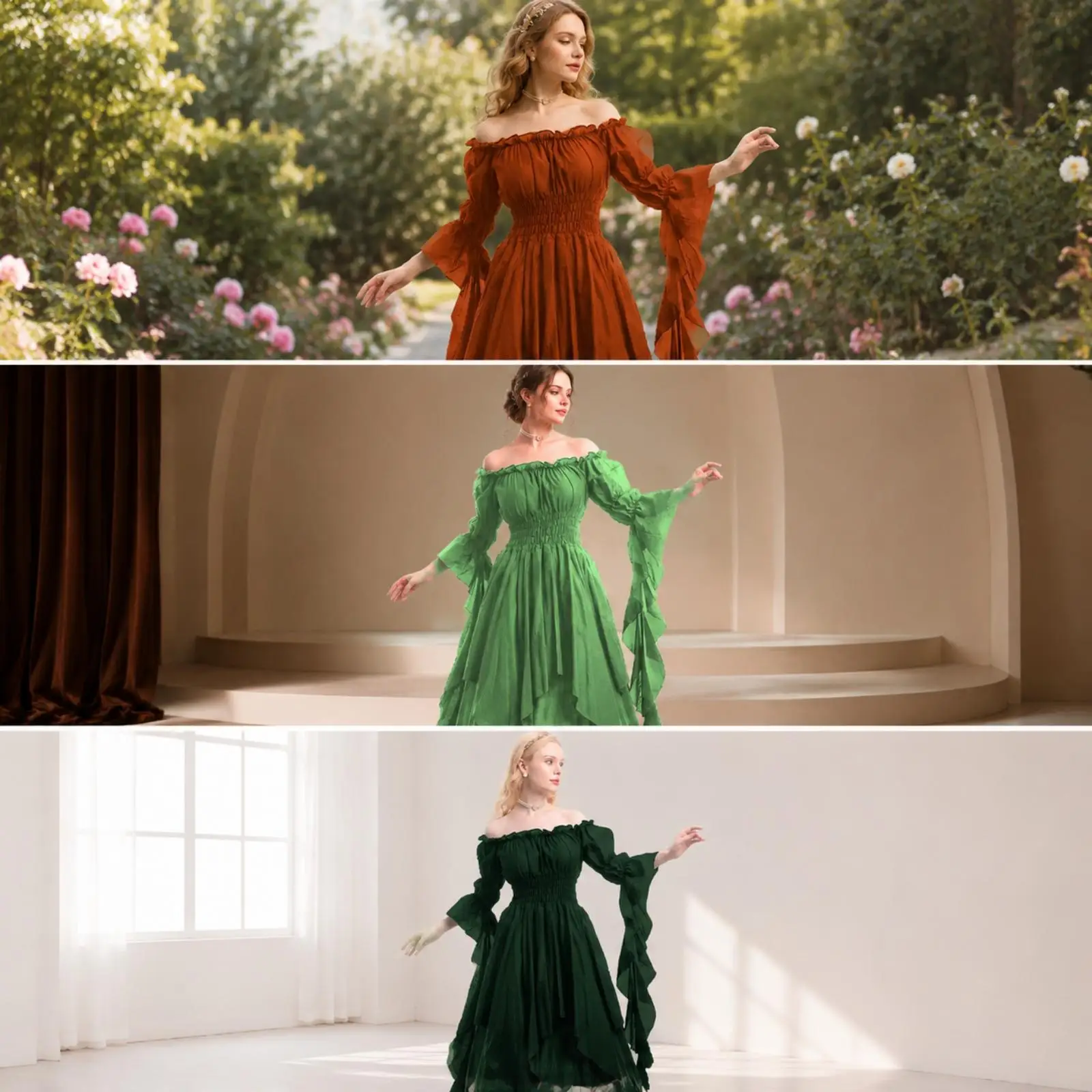 Women Medieval Renaissance Dress Off Shoulder Long Sleeve Floor Length Gown for Fantasy Event Birthday Party Costume view 4