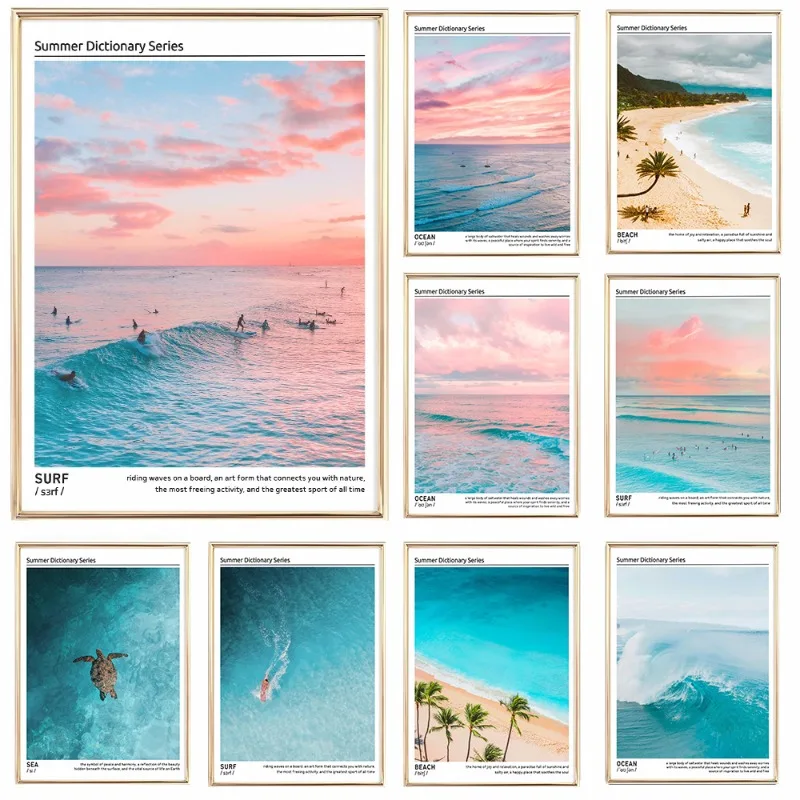Póster moderno Pastel costero para playa, Surf, océano, fotografía playera colorida, pintura en lienzo, arte de pared estético para decoración del hogar y habitación