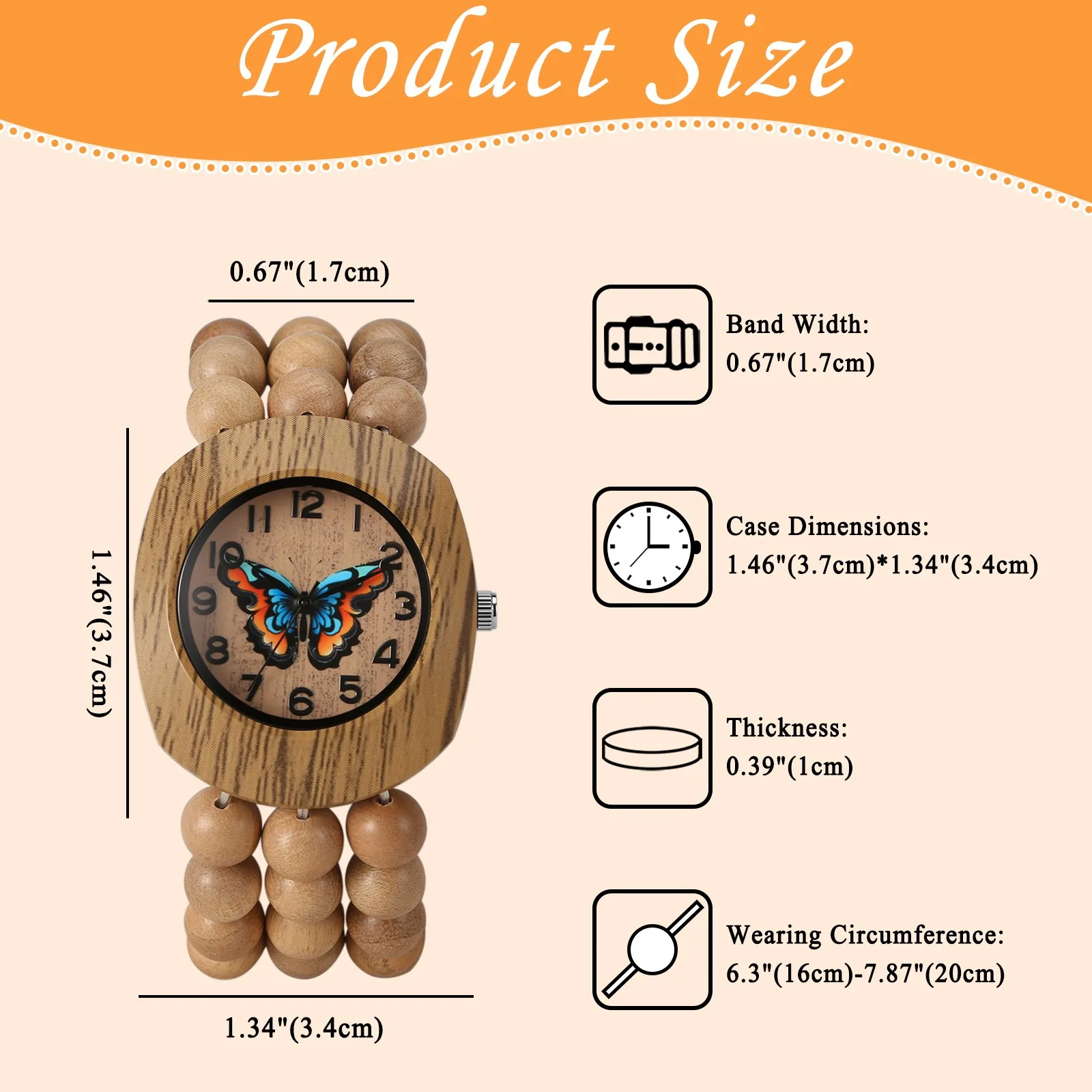 Women Butterfly Dial Wood Bead Stretch Band Tonneau Bohemia Quartz Wrist Watch Vintage Handmade Retro Mori Girl Aesthetic