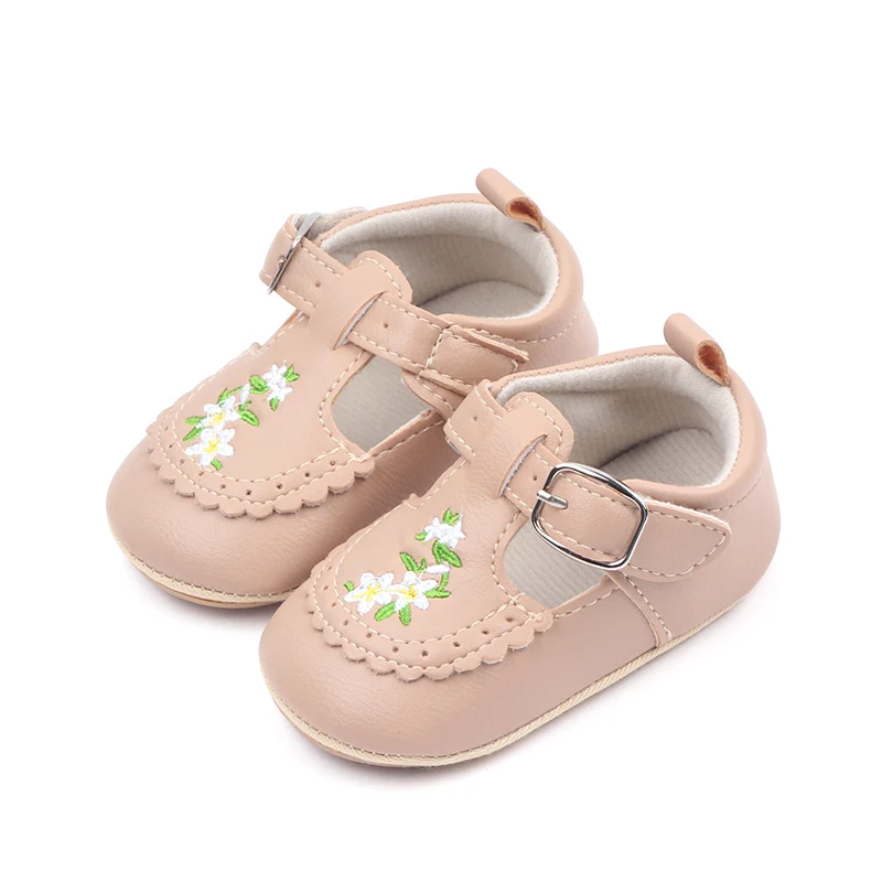 New Arrival Soft PU Leather Anti-slip TPR Sole Newborn Toddler Kids Girl Shoes Flower Embroidery Spring and Autumn New Fashion