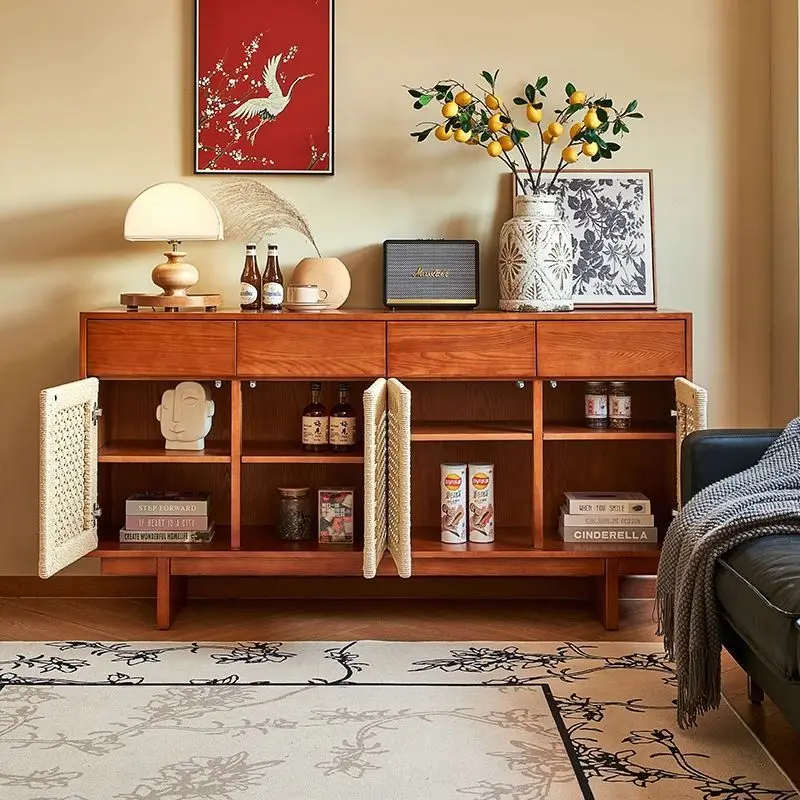 Medieval solid wood dining side cabinet, living room, household wall locker, simple modern storage, tea cabinet, small apartment