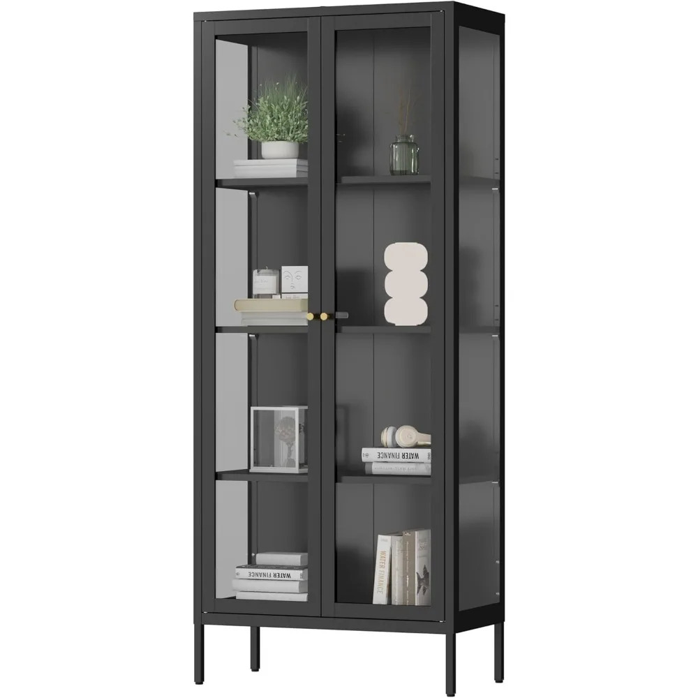 Wysoka szafka ekspozycyjna o wysokości 168 cm z 3-stronnym szkłem hartowanym, czarna gablota na kolekcje i figurki.