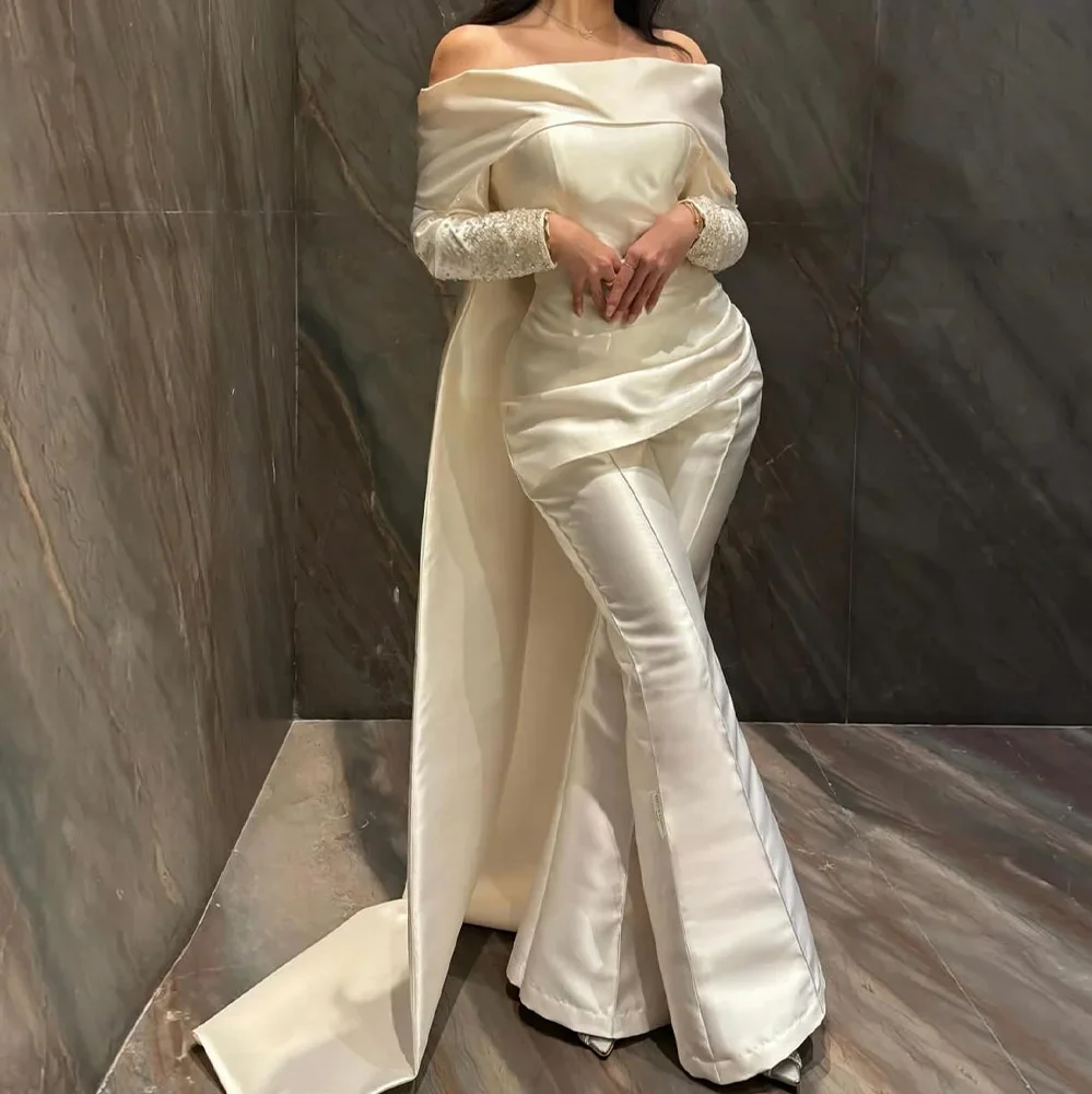 

Jirocum Customized Fashion Crystal Boat Neck Prom Dresses Floor Length Straight Satin Evening Dresses Temperament Long Sleeves