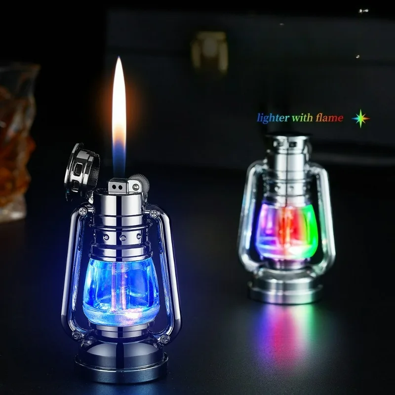 

Retro LED Lantern Butane Gas Lighter Transparent Gas Window Classic Grinding Wheel Ignition Business Cool Ornament Lighters Gift