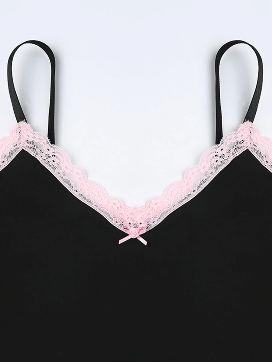 

Women Sexy Low Cut Scoop Neck Backless Thong Bodysuit Y2K Bow Dec Cami Bodysuit Top Pink Lace Trim