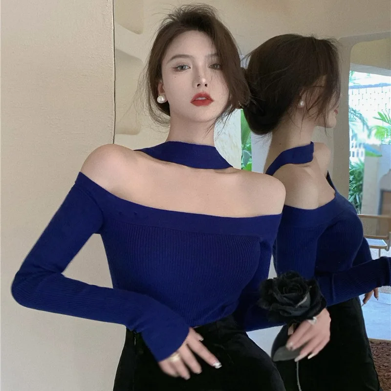 Women\'s Loose Sweater Tops Spring Autumn Halter Neck Backless Base Shirt Slim Fit Lightweight Pullover Versatile Top