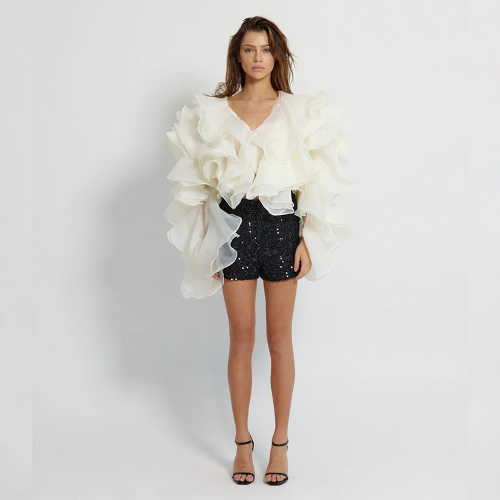 

New Couture Ivory Organza Tierred Ruffles Short Jacket Puff Full Sleeves Women Short Jackets Handmade Female Tope