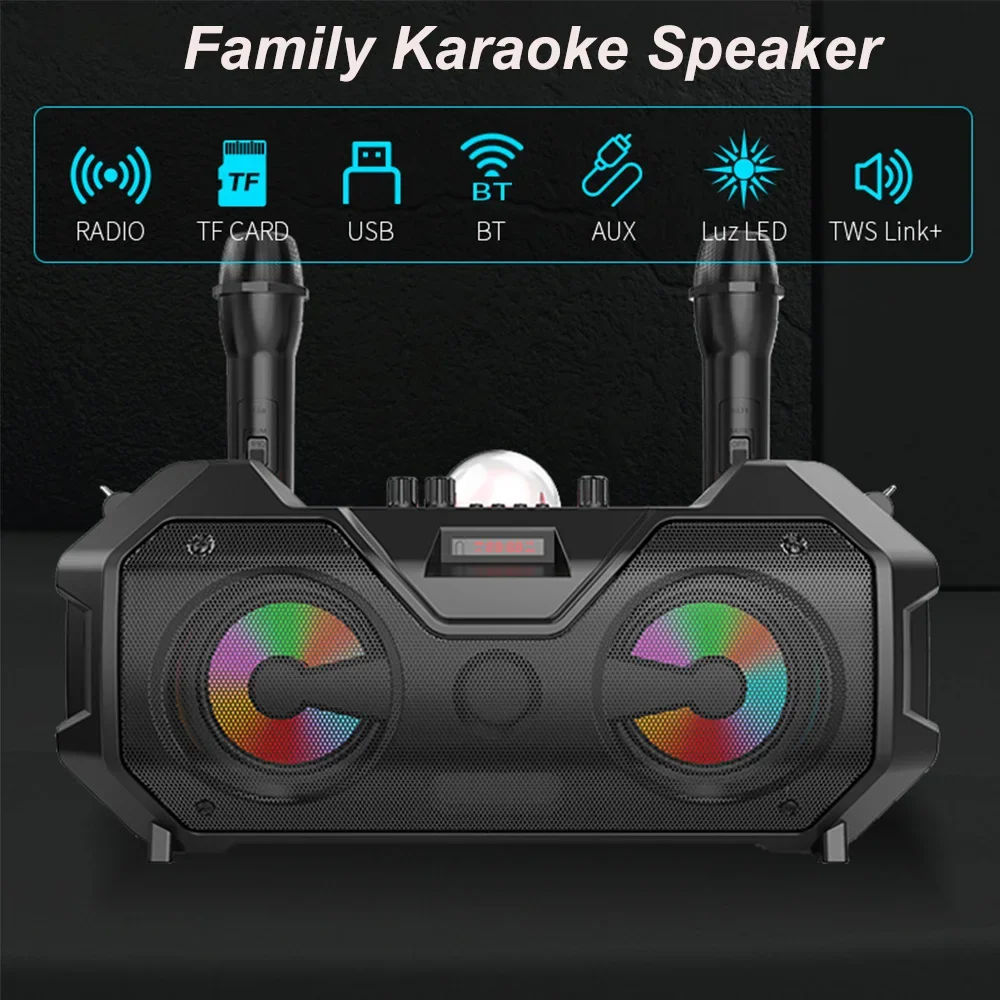 ZQS4240 Portable Bluetooth Speaker with Dual Wireless Microphone Colorful Atmosphere Light FM Radio U DIsk 3D Stereo Subwoofer