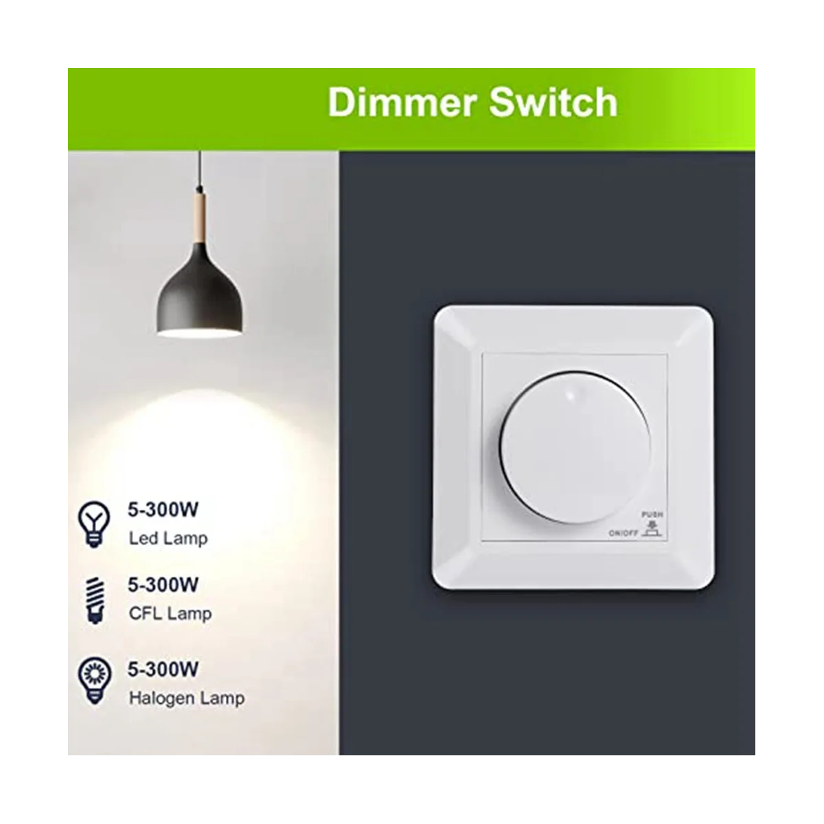 LED Dimmer Switch, Flush-Mounted Dimmer for Dimmable LED and Halogen, 5-300 W Dimmer Switch LED, Phase Control Dimmer