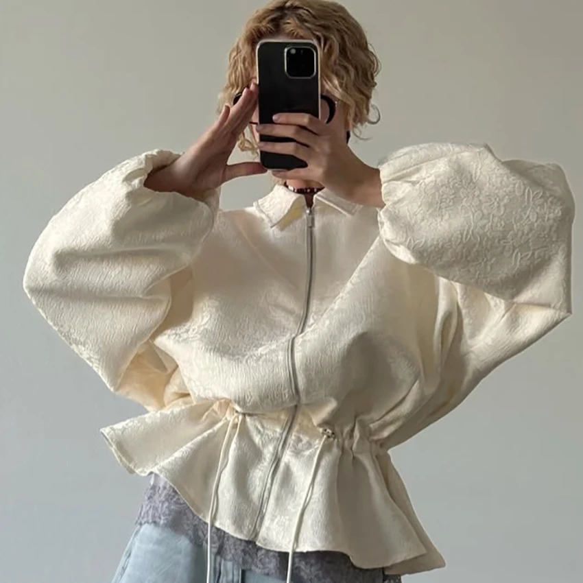 Apricot Chic Woven Inelastic Woman'S Jacket Solid Color Turn-Down Collar Zipper Tops Loose Drawstring Waist Batwing Sleeve Coat