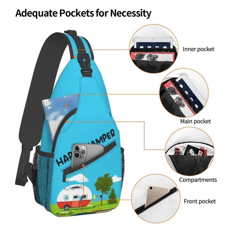 Mochila cruzada Happy Camper para hombre, bolsos de pecho de hombro para acampar, viaje y ciclismo