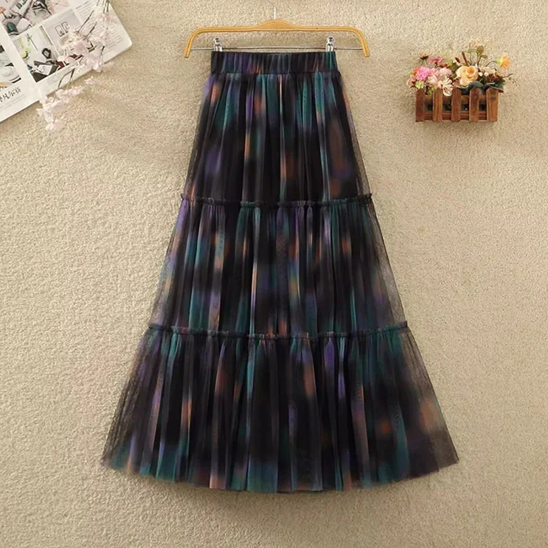 Aesthetic Gradient Long Tulle Skirt for Women 2024 Spring Summer Fashionable A Line High Waist Pleated Mash Skirt Female L564