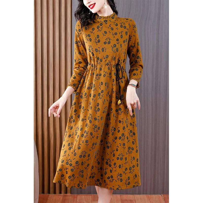 2023 New Fashion Printed Dress Women's Autumn Retro Fragmented Flower Bottom Dress Korean Loose Tight Vacation Party Vestidos