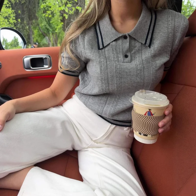 

Cross Border Wholesale Early Spring New Contrast Color College StyleTT-shirtPOLOWomen's Short Sleeve Top
