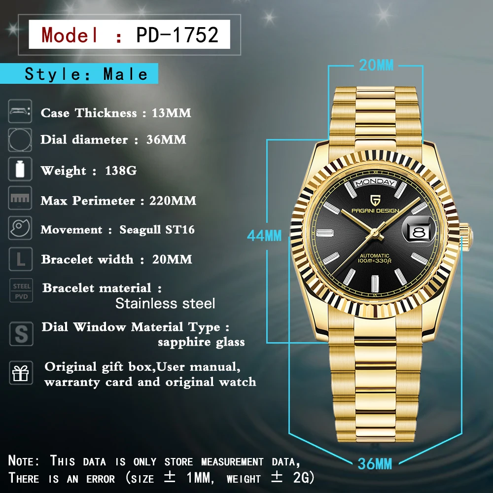 New PAGANI DESIGN DD36 Gold Luxury Automatic Mechanical Watch For Men ST16 100M Waterproof AR Sapphire Glass Wristwatch Men