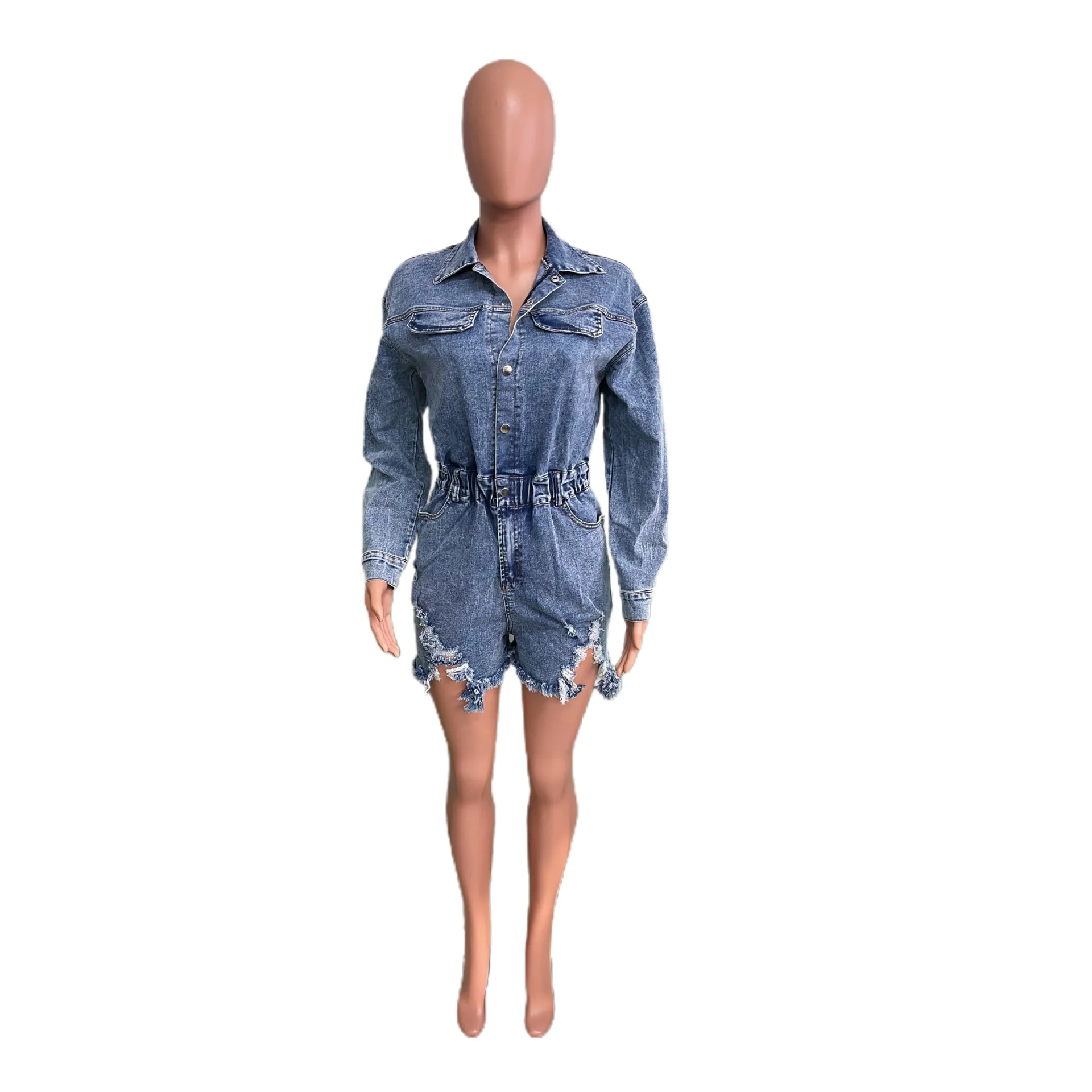 Combinaisons en denim évidées pour femmes, barboteuse en denim élastique adt, streetwear décontracté, taille haute, sexy, déchiré, pompon, automne