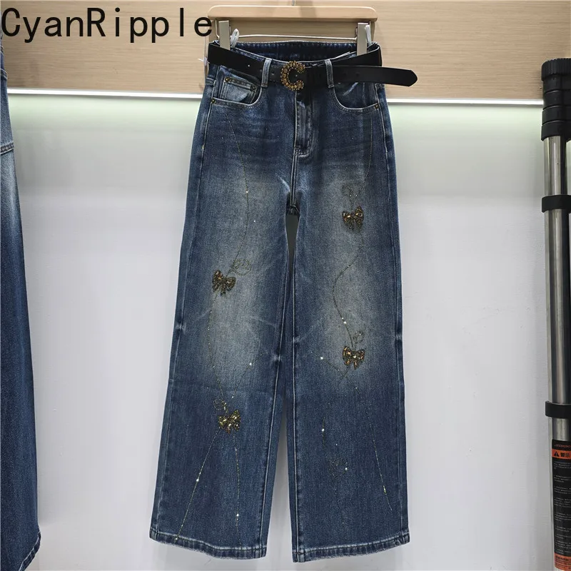 Vintage Gold Hot Diamonds Wide Leg Jeans for Women 2026 New Autumn All-match High Waist Floor-length Casual Straight Denim Pants