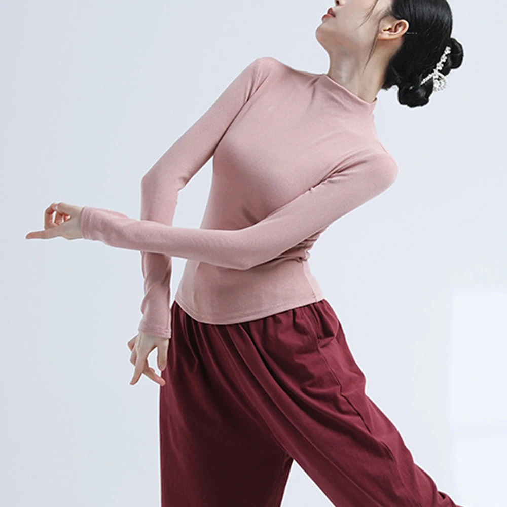 เสื้อยืดโยคะ โมเดิร์นแดนซ์ เสื้อผ้าผู้หญิง คอสูงครึ่งตัว แขนยาว เสื้อยืดผู้หญิง ผ้าเจอร์ซีย์ยืดหยุ่น ทรงเข้ารูป