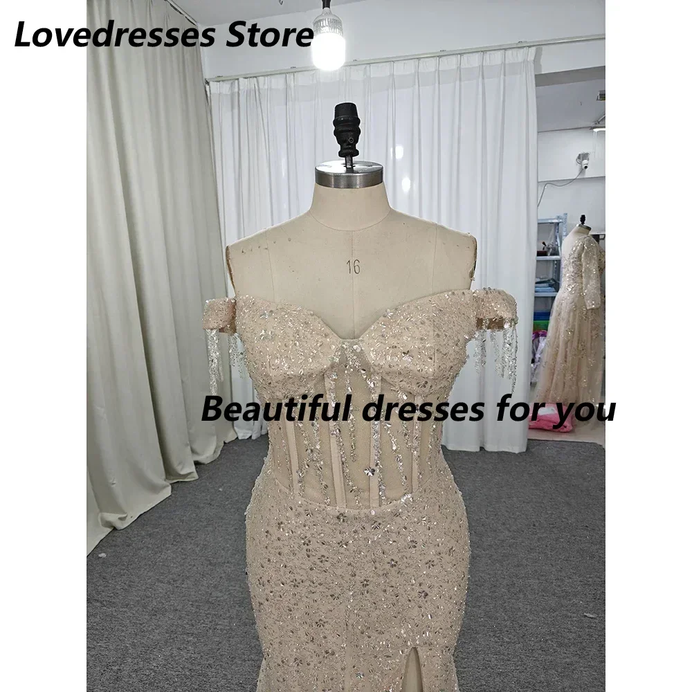 Customized Stunning Champagne Evening Dresses Elegant Beaded Off Shoulder Prom Dress Thigh Split Formal Dresses for Women 2024