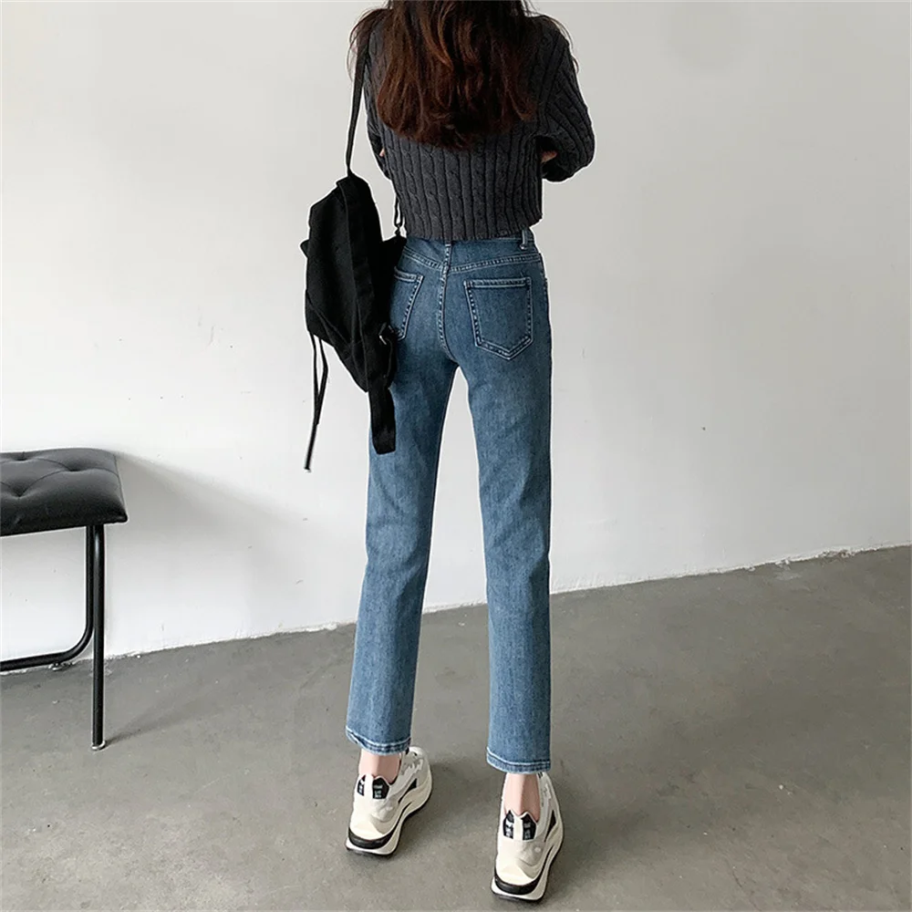 Jeans Pinggang Tinggi Wanita Musim Gugur Baru Celana Ketat Ramping Musim Semi Kasual Anak Perempuan Celana Denim Hitam Fashion Wanita Jeans Pensil Elastis