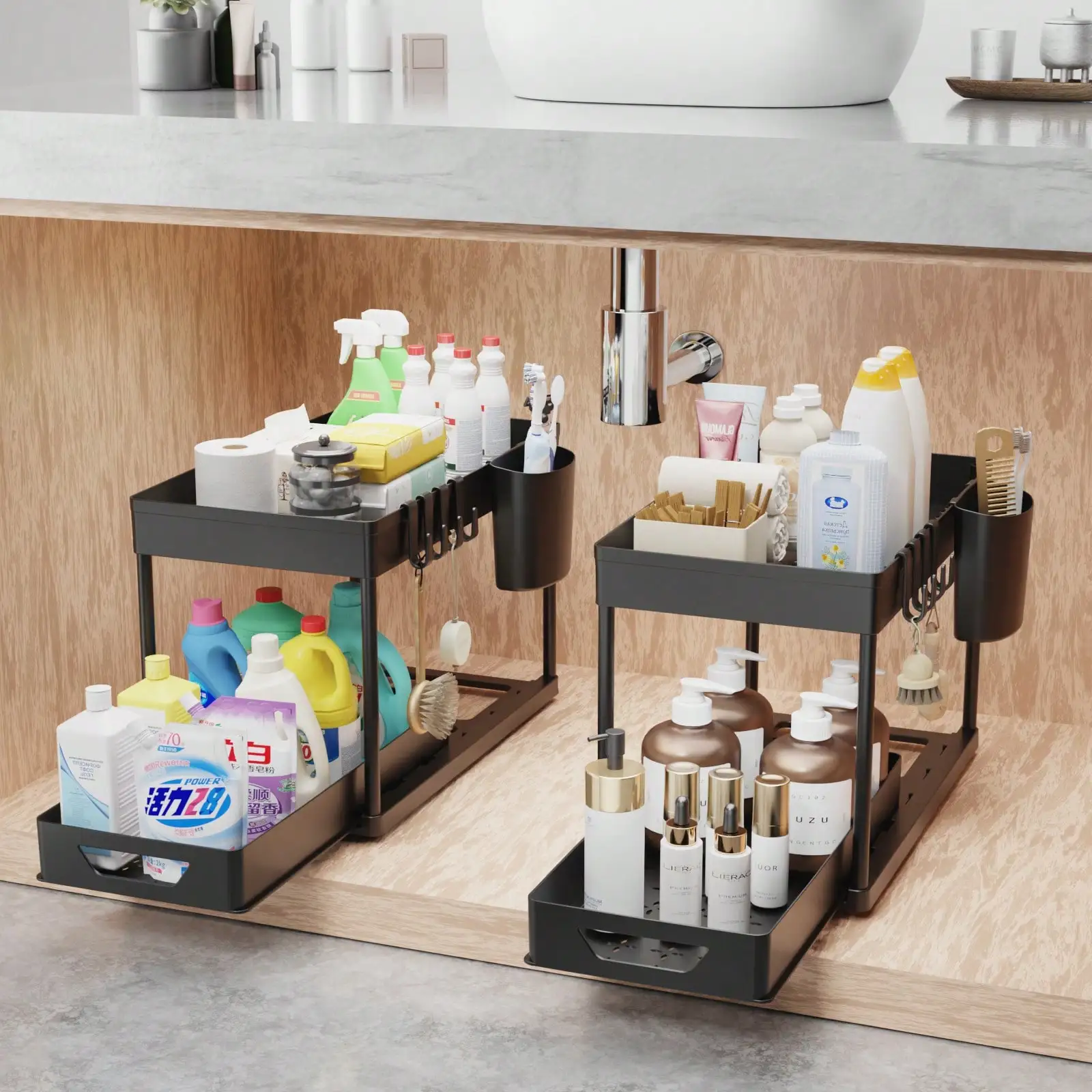 2-Tier Under Sink Organizer with Pull Out Drawers, Slide Out Cabinet Storage Shelf, Double Layer Bathroom Rack for Kitchen, Pantry, Black view 2