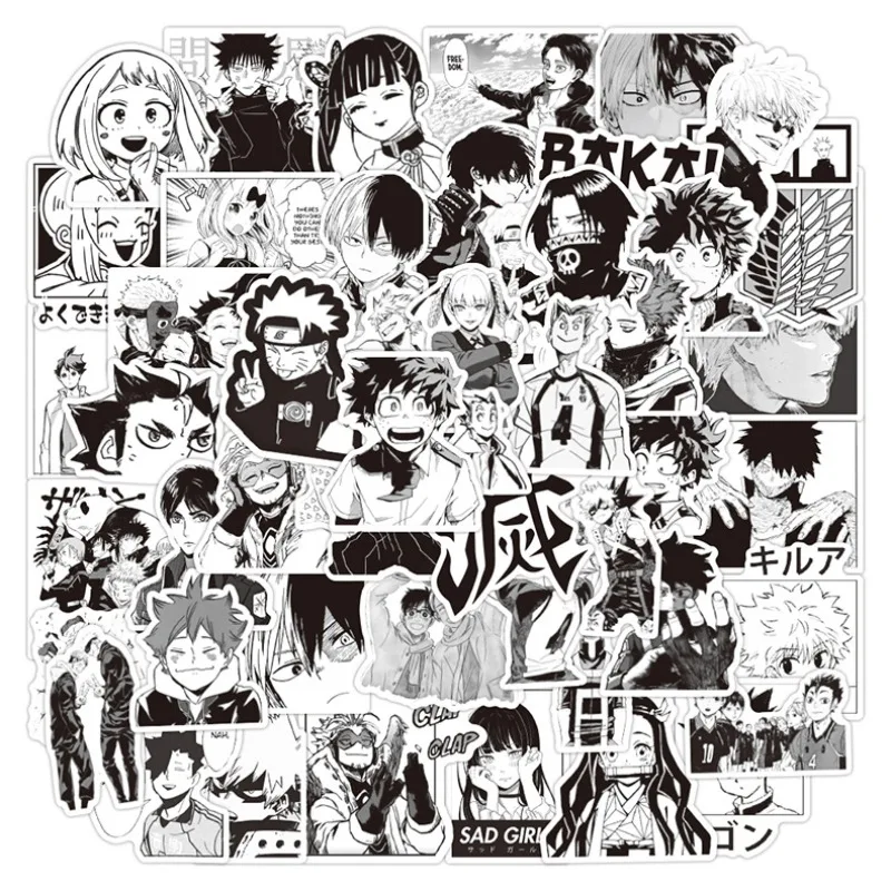 50 Stück Anime 2D Japanische Schwarz-Weiß-Animations-Graffiti Wasserdichte Dekor-Aufkleber für Laptop, Skateboard & Gepäck