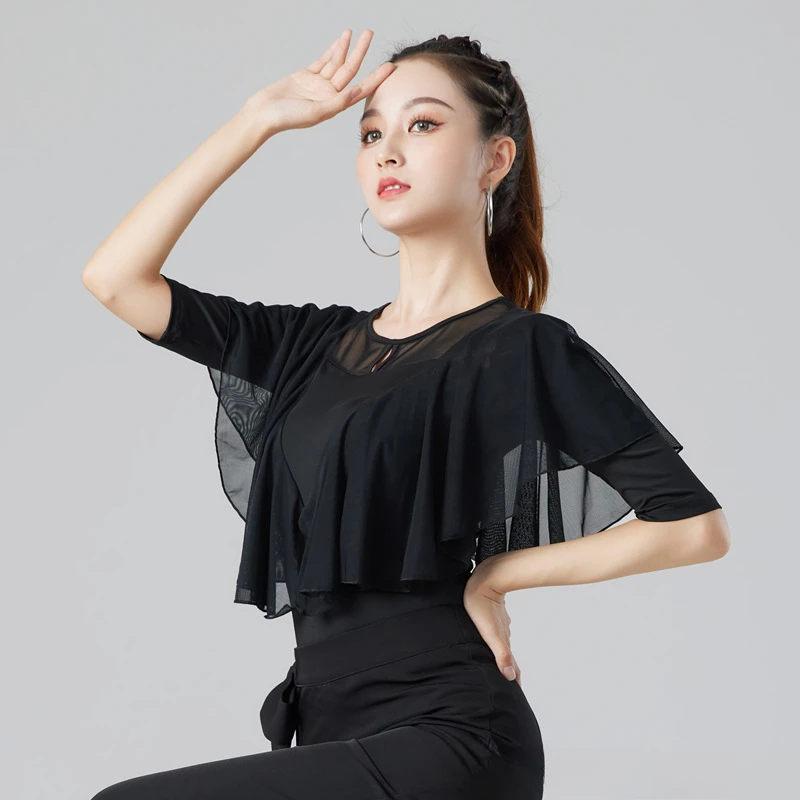 Women Waltz Black Top Ruffled Latin Dance Mid-Sleeve Shirt New Modern Dance Practice Clothes Lady Samba Dance Clothing