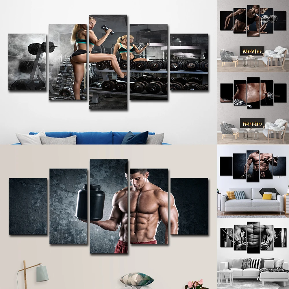 5 Panel Dumbbell Fitness Equipment Canvas Painting Healthy Sexy Muscle HD Pictures Posters for Gym Home Wall Art Decoration