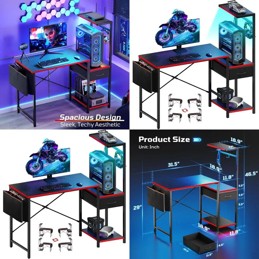 

LED-Illuminated 44 Compact Gaming Desk with Drawers, PC Shelf, Storage Bag, and Side Hooks - Black-Red