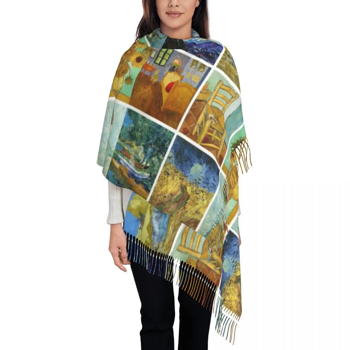 Stylish Vincent Van Gogh Works Tassel Scarf Women Winter Warm Shawl Wrap Lady Art Painting Scarves