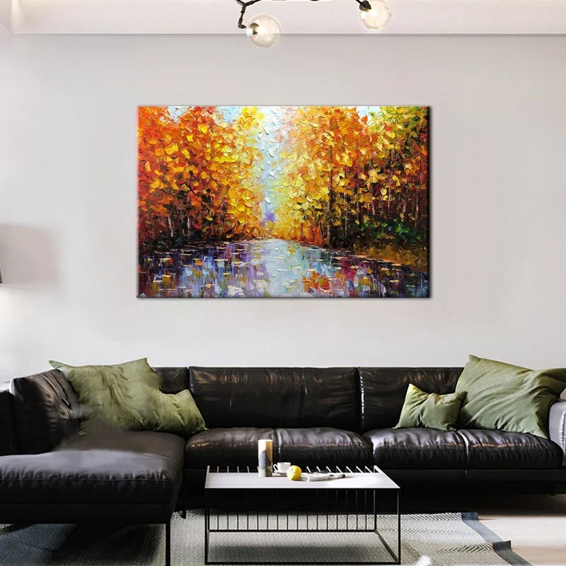 Landscape Oil Painting, Scenic Maple Leaf and Forest, Hand-Painted on Canvas, Abstract Artwork for Living Room Wall Decoration