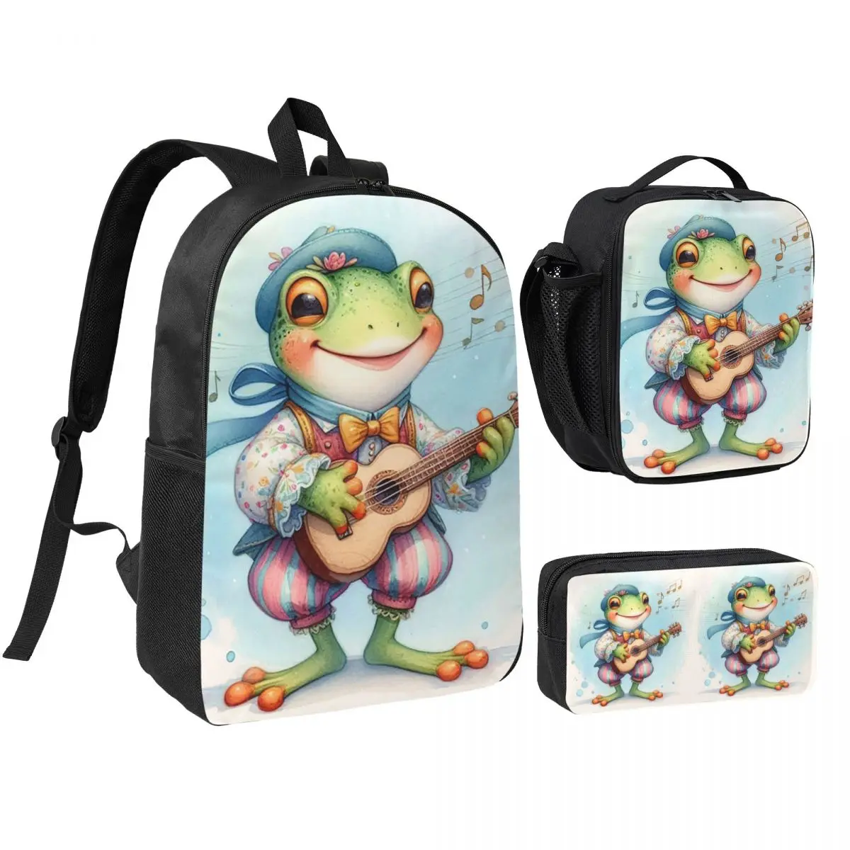 Cartoon Frog Joyful Singing Backpack Boys Girls BookBag School Bag Shoulder Bags 3ps Insulated Lunch Bag Pencil Case