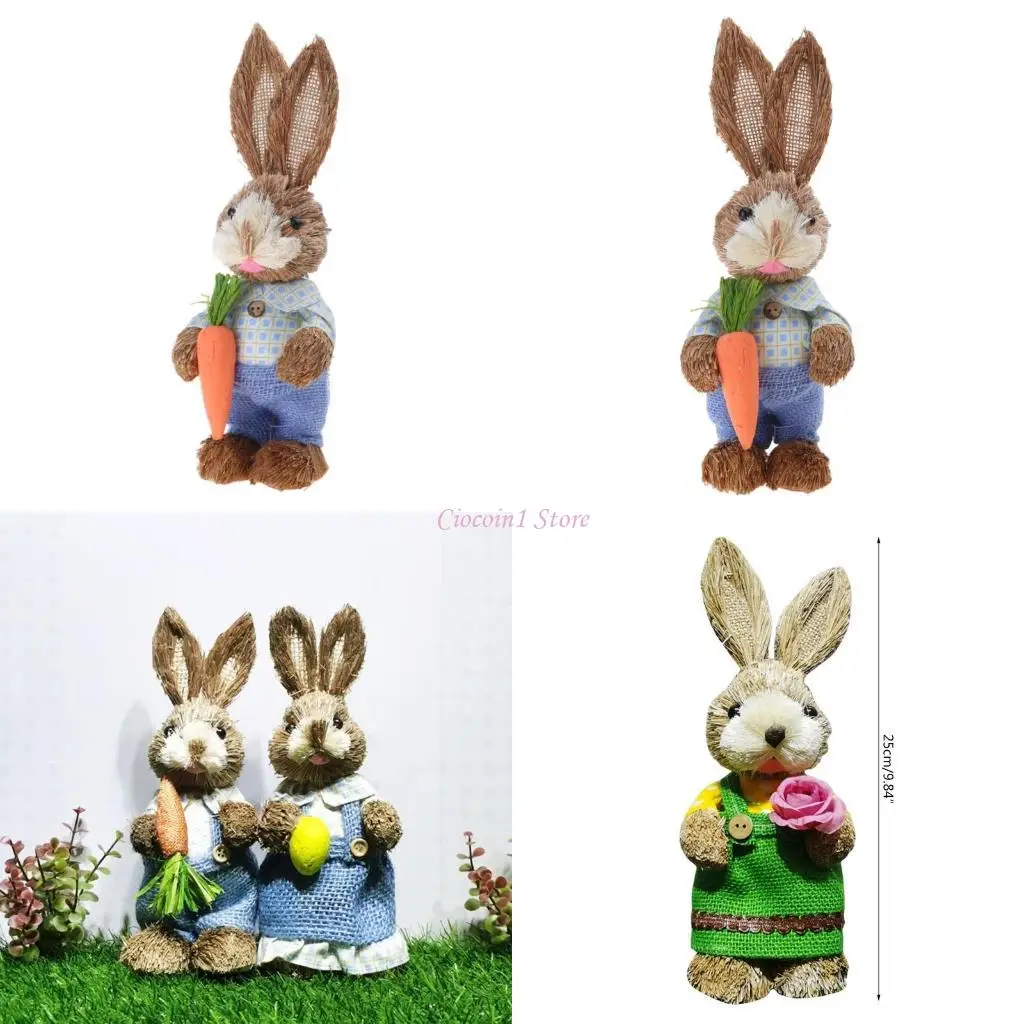 Y1UB Artificial Standing Straw Rabbit Easter Party Decoration Standing Bunny Ornament 10’’ Festive Party Layout Props 25cm