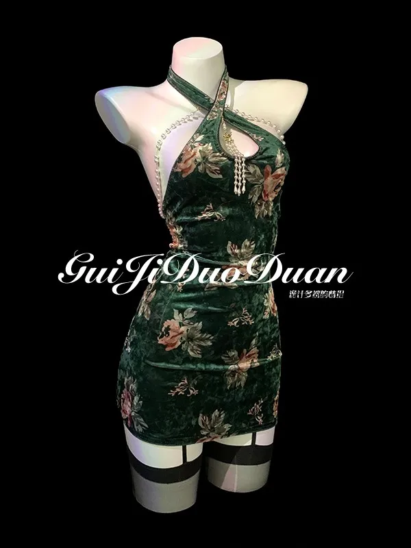 Sexy Qipao Underwear for Women Neck Hanging Chinese Style High Waist No Bra Brand Couples Theme Summer Collection Floral Print
