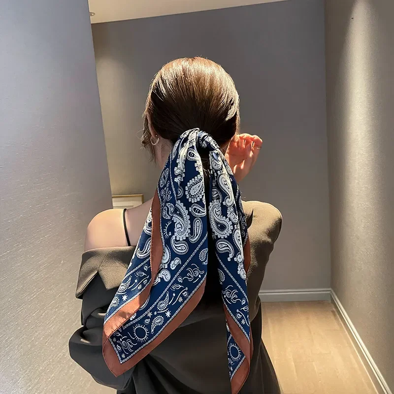 ربيع الخريف رقيقة الكورية نمط Ins مطبوعة هندسية وشاح الحرير جديد تنوعا الحجاب حقيبة التفاف وشاح حريري الزخرفية #2