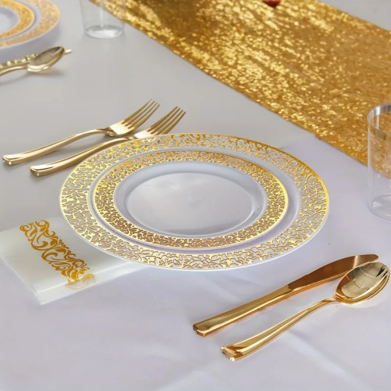 70 Piece Elegant  Golden Party Set - Reusable Plates Cups & Napkins for Weddings & Gatherings