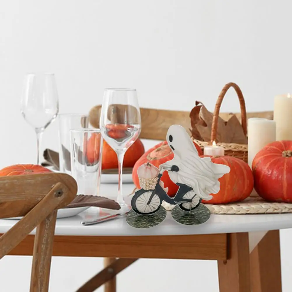 Halloween Ghost Statue Cute Halloween Ghost Riding Bicycle Statue for Indoor Outdoor Decor Spooky Pumpkin Figurine for Halloween