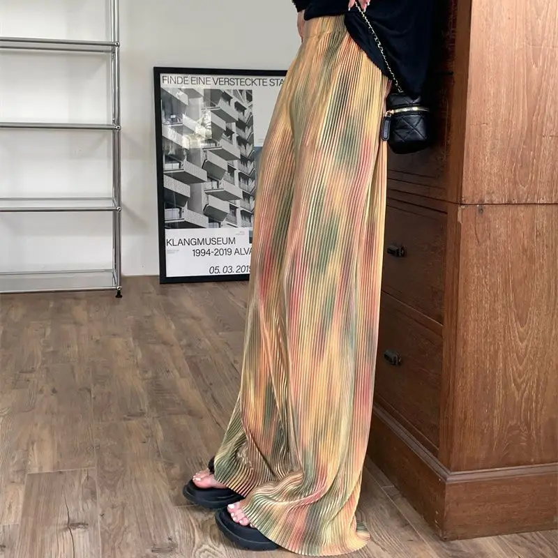 Vintage Dyed Wide-leg Pants Women's Pleated Style New High-waisted Striped Straight-leg Pants Casual All-match Mopping Pants