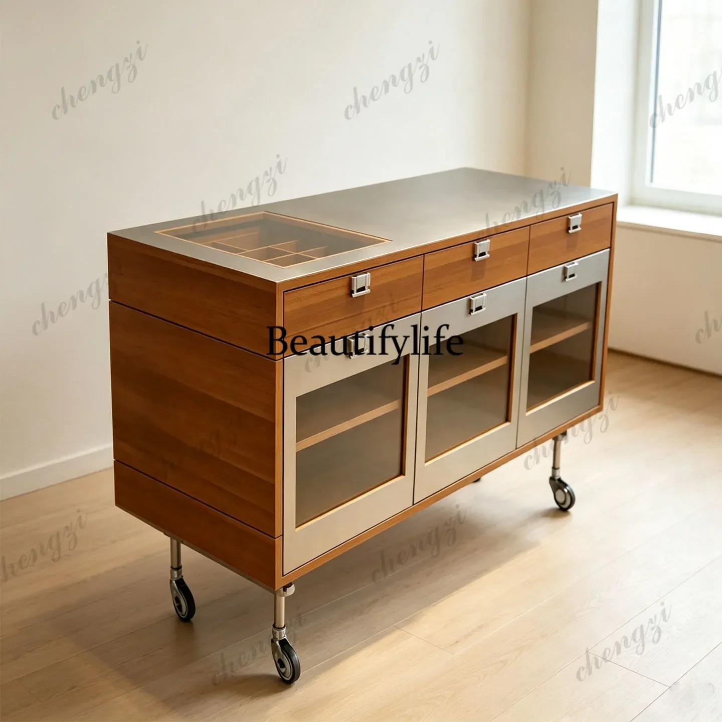 A74  Medieval stainless steel glass dining side cabinet, household Zhongdao cabinet open, movable water bar in the living room