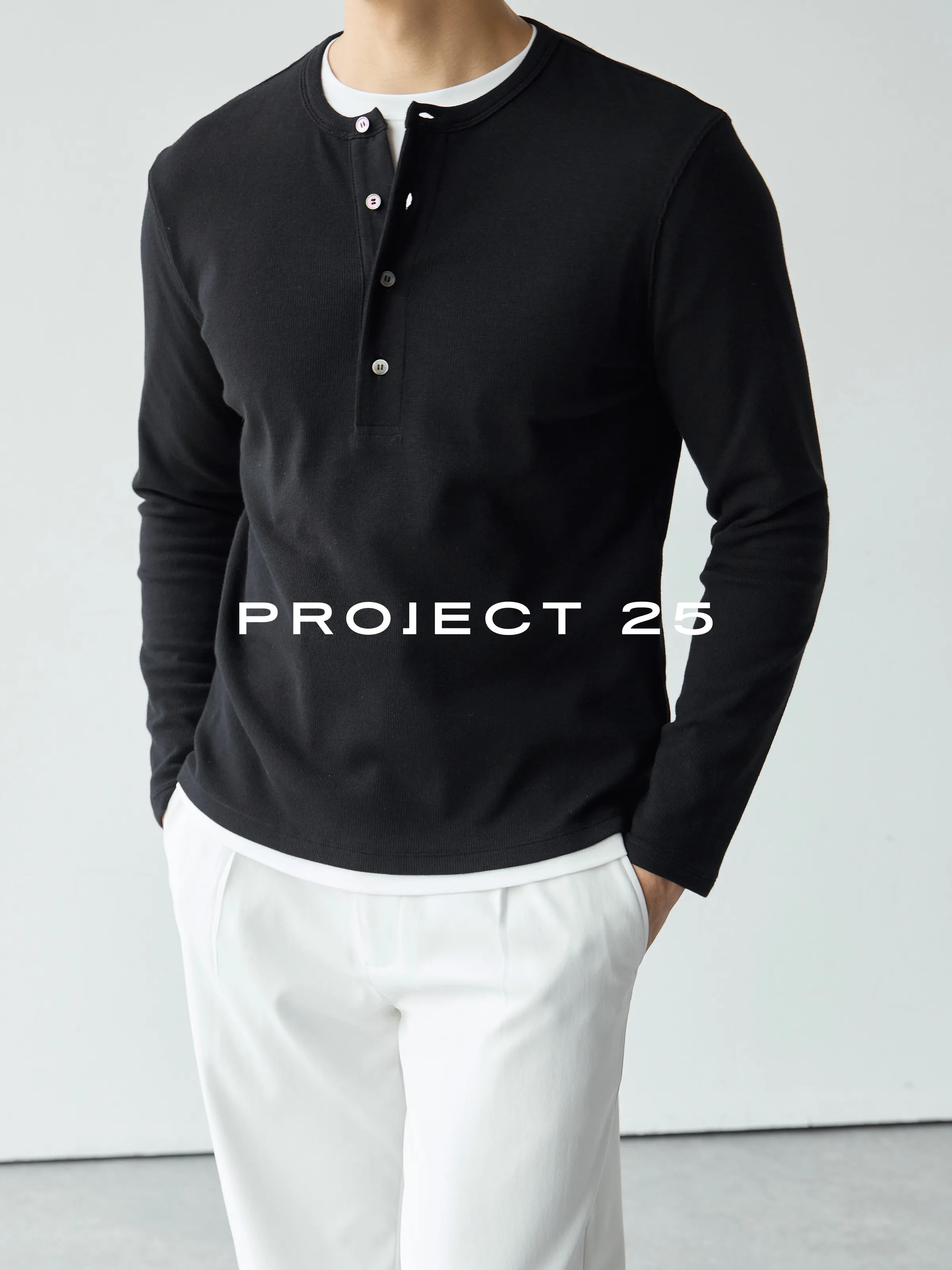 PROJECT 25 Men Ribbed Henley Neck Long Sleeve T‑Shirt Slim High Elastic Casual Commute Base Layer Tee Autumn Winter Tops