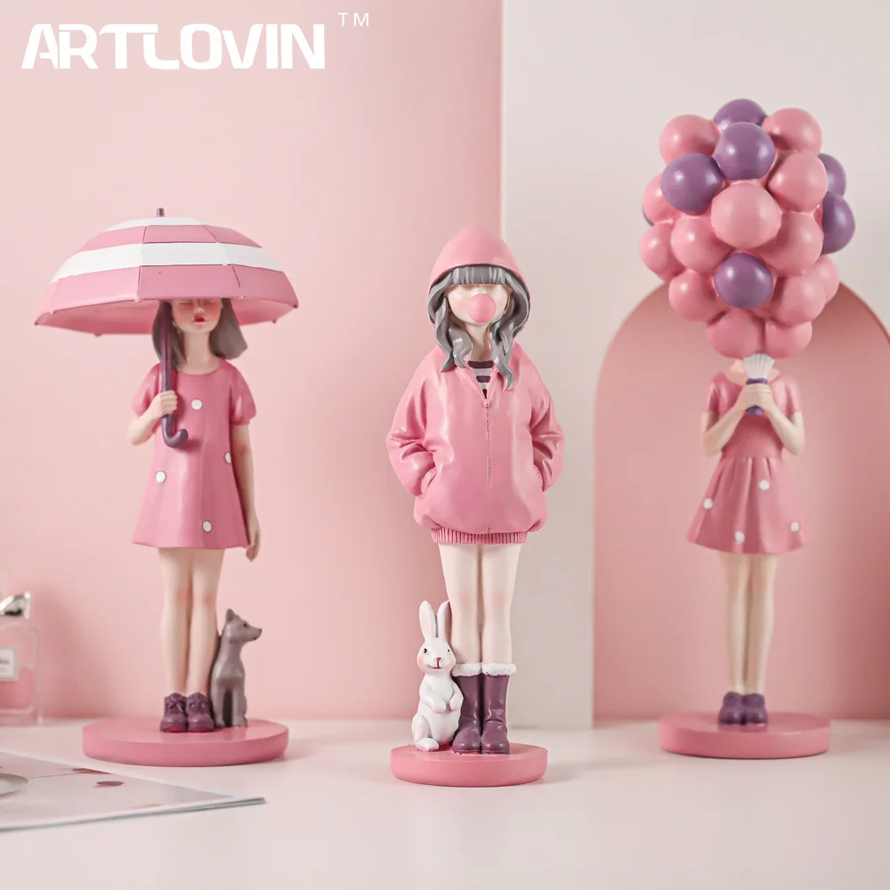 Modern Fashion Balloon Girl Figurines Sweet Pink Girls For Room Decor,Chic Distinctive Bithday Gift for Girl,Home Interior Decor