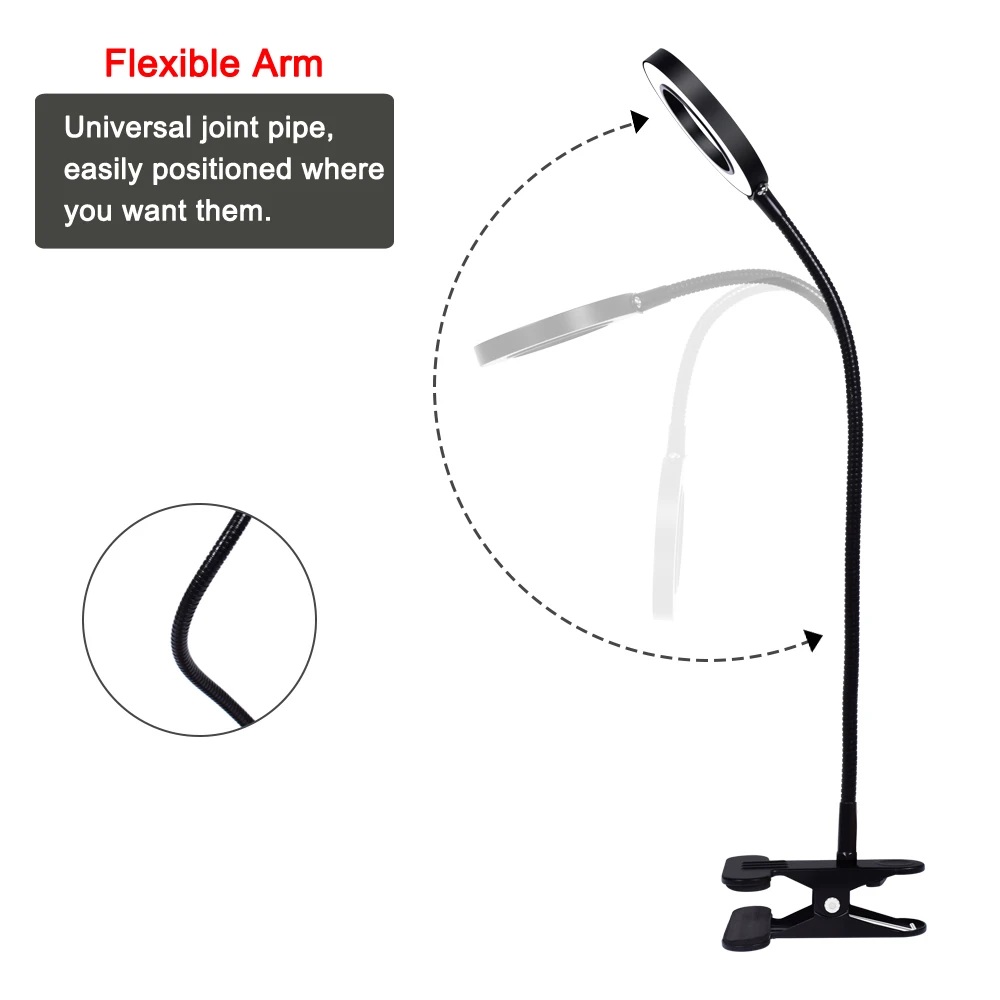 EOOKU 8W USB Table Lamp with 3X Magnifying Glass Desk Light Spring Tube 3-Color 10-Level Dimming For Reading/Beauty/Soldering